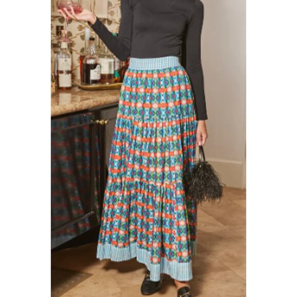 Brooks Ave. Triple-Tiered Elastic Waist Flowy Boho Cotton Maxi Skirt, L - Picture 1 of 8